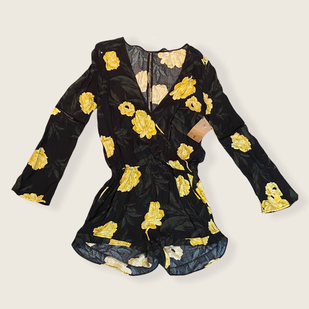 NWT Knot Sisters Black/Yellow Floral Wrap Romper S